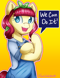Size: 2550x3300 | Tagged: safe, artist:floralshitpost, torque wrench, pony, rainbow roadtrip, atorqueable, clothes, cute, heart eyes, open mouth, rosie the riveter, simple background, solo, we can do it!, wingding eyes, yellow background