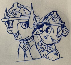 Size: 2462x2256 | Tagged: safe, artist:rainbow eevee, smolder, dog, dragon, clothes, collar, drawing, firefighter, ink, lineart, marshall, paw patrol