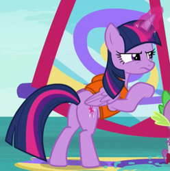 Size: 529x533 | Tagged: safe, screencap, spike, twilight sparkle, twilight sparkle (alicorn), alicorn, dragon, the point of no return, butt, cropped, plot, water, windsurfing, winged spike