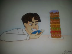 Size: 4128x3096 | Tagged: safe, artist:jazza2003, featherweight, human, colored, donut, food, humanized, male, solo, traditional art