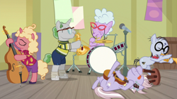 Size: 1920x1080 | Tagged: safe, screencap, chelsea porcelain, dusty pages, mr. waddle, pony, the point of no return, double bass, drums, guitar, microphone, musical instrument, playing instrument, saxophone, trumpet