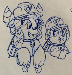 Size: 2943x3052 | Tagged: safe, artist:rainbow eevee, yona, yak, bull dog, clothes, drawing, hammer, hard hat, ink, lineart, paw patrol, rubble, smiling