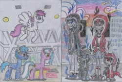 Size: 1763x1182 | Tagged: safe, artist:nephilim rider, oc, oc:blank canvas, oc:heaven lost, oc:hoof beatz, oc:mane event, pony, bronycon, bronycon mascots, memorial, ponysona, traditional art