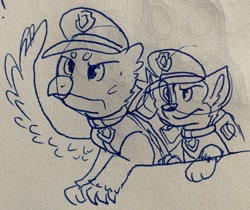 Size: 2704x2272 | Tagged: safe, artist:rainbow eevee, gallus, dog, griffon, chase (paw patrol), clothes, crossover, drawing, german shepherd, hat, ink, lineart, looking up, paw patrol, police, wings