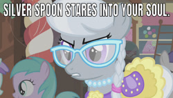 Size: 641x362 | Tagged: safe, edit, edited screencap, editor:undeadponysoldier, screencap, aura (character), liza doolots, petunia, silver spoon, tootsie flute, tornado bolt, earth pony, pony, call of the cutie, angry, caption, clothes, creepy, dress, female, filly, glasses, image macro, jewelry, looking at you, necklace, pearl necklace, staring into your soul, sugarcube corner, teeth, text