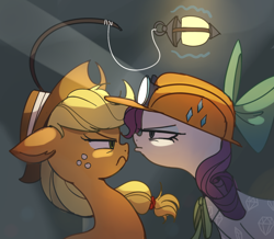 Size: 1408x1229 | Tagged: safe, artist:tcn1205, derpibooru import, applejack, rarity, earth pony, pony, unicorn, dragon dropped, female, fishing rod, hat, lamp, looking at each other, mare
