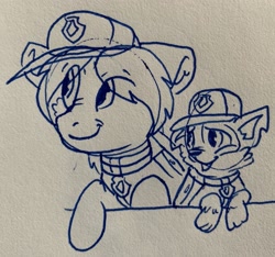 Size: 2547x2384 | Tagged: safe, artist:rainbow eevee, rocky, sandbar, dog, pony, clothes, crossover, cute, drawing, hat, ink, lineart, paw patrol