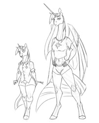 Size: 886x1100 | Tagged: safe, artist:akweer, twilight sparkle, alicorn, anthro, unguligrade anthro, the last problem, clothes, horn, long horn, long neck, monochrome, necc, older, older twilight, sketch, tall