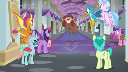 Size: 1280x720 | Tagged: safe, screencap, gallus, november rain, ocellus, sandbar, silverstream, smolder, twilight sparkle, twilight sparkle (alicorn), yona, alicorn, changedling, changeling, classical hippogriff, dragon, earth pony, griffon, hippogriff, pony, yak, she's all yak, bow, cloven hooves, dragoness, female, friendship student, hair bow, jumping, male, mare, saddle bag, school of friendship, student six