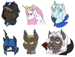 Size: 1063x805 | Tagged: safe, artist:hardway bet, princess celestia, oc, bat pony, changeling, unicorn, vampire, hood, pink-mane celestia, young celestia