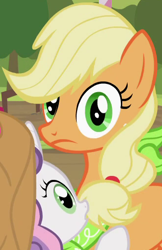 Size: 330x510 | Tagged: safe, derpibooru import, screencap, applejack, sweetie belle, earth pony, pony, unicorn, sisterhooves social, applejack's hat, cowboy hat, cropped, female, filly, hat, hatless, mare, missing accessory