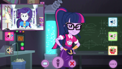 Size: 1336x752 | Tagged: safe, screencap, rarity, sci-twi, twilight sparkle, better together, equestria girls, festival looks, chalkboard, clothes, fanny pack, glasses, laboratory, picture in picture, ponytail, rarity's bedroom, shirt, skirt, twilight's lab, webcam, wristband