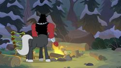 Size: 1920x1080 | Tagged: safe, screencap, lord tirek, centaur, frenemies (episode), bracer, butt, campfire, cloven hooves, colored hooves, fire, forest, log, male, pine tree, plot, solo, tirump, tree, tree stump