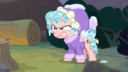 Size: 1920x1080 | Tagged: safe, screencap, cozy glow, pegasus, pony, frenemies (episode), angry, clothes, cozy glow is not amused, female, filly, foal, forest, hat, log, solo, tree stump, winter outfit