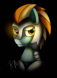 Size: 931x1280 | Tagged: safe, artist:11newells, lightning dust, pony, armor, black background, bust, commission, helmet, portrait, signature, simple background, smiling, smirk, solo