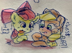 Size: 3561x2620 | Tagged: safe, artist:rainbow eevee, derpibooru import, apple bloom, applejack, earth pony, pony, bow, chest fluff, coloured pencil, drawing, eyes on the prize, female, freckles, hat, ink, sisters, tongue out