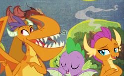 Size: 1641x1005 | Tagged: safe, billy (dragon), smolder, spike, dragon, season 9, sweet and smoky, 2019, dragon lands, dragoness, eyes closed, fanart, female, male, speculation, winged spike