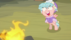 Size: 1920x1080 | Tagged: safe, screencap, cozy glow, pegasus, pony, frenemies (episode), bipedal, campfire, clothes, female, filly, fire, foal, hat, solo, winter outfit