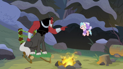 Size: 1920x1080 | Tagged: safe, screencap, cozy glow, lord tirek, centaur, pegasus, pony, frenemies (episode), campfire, chair, clothes, cloven hooves, cozy glow is not amused, duo, female, filly, fire, flying, foal, forest, hat, log, male, nose piercing, nose ring, piercing, pointing, tree stump, winter outfit