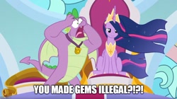 Size: 888x499 | Tagged: safe, edit, edited screencap, screencap, princess twilight 2.0, spike, twilight sparkle, twilight sparkle (alicorn), alicorn, dragon, the last problem, adult, adult spike, dialogue, female, gigachad spike, male, mare, meme, older, older spike, older twilight, shocked, text