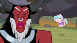 Size: 1920x1080 | Tagged: safe, screencap, cozy glow, lord tirek, centaur, pegasus, pony, frenemies (episode), clothes, cozy glow is not amused, duo, eyes closed, female, filly, foal, hat, log, male, nose piercing, nose ring, open mouth, piercing, winter outfit