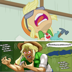 Size: 1280x1280 | Tagged: safe, artist:atariboy2600, artist:bluecarnationstudios, edit, screencap, applejack, comic:the amazonian effect, comic:the amazonian effect ii, better together, constructive criticism, equestria girls, geode of super strength, magical geodes, rage