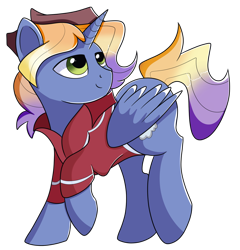 Size: 1280x1336 | Tagged: safe, artist:rainbowtashie, bow hothoof, gentle breeze, igneous rock pie, night light, oc, oc:aerial agriculture, alicorn, pony, alicornified, clothes, commissioner:bigonionbean, fusion, fusion:aerial agriculture, hat, male, race swap, solo, stallion