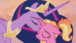 Size: 1920x1080 | Tagged: safe, screencap, luster dawn, princess twilight 2.0, twilight sparkle, twilight sparkle (alicorn), alicorn, pony, unicorn, the last problem, crown, jewelry, mama twilight, nuzzling, older, older twilight, regalia