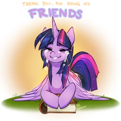 Size: 1126x1126 | Tagged: safe, artist:fluff-kevlar, twilight sparkle, twilight sparkle (alicorn), alicorn, pony, the last problem, bittersweet, book of harmony, crying, end of ponies, eyes closed, female, immortality blues, mare, prone, solo, tears of joy