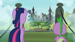 Size: 1600x901 | Tagged: safe, screencap, spike, twilight sparkle, twilight sparkle (alicorn), alicorn, dragon, pony, castle mane-ia, abandoned, bridge, castle of the royal pony sisters, duo, female, male, mare, ruins