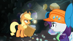 Size: 1920x1080 | Tagged: safe, derpibooru import, screencap, applejack, rarity, earth pony, pony, unicorn, dragon dropped, annoyed, ascot tie, basket, blouse, clothes, discovery family logo, duo, female, gem, gem cave, helmet, lantern, mare, mining helmet, mouth hold, unamused