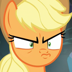 Size: 1078x1078 | Tagged: safe, derpibooru import, screencap, applejack, earth pony, pony, dragon dropped, angry, applejack is best facemaker, cropped, female, frown, furrowed brow, mare, narrowed eyes, reaction image, shrunken pupils, solo