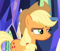 Size: 1114x958 | Tagged: safe, derpibooru import, screencap, applejack, earth pony, pony, the last laugh, applejack is not amused, eyebrows, solo, unamused