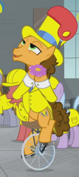 Size: 324x725 | Tagged: safe, screencap, cheese sandwich, pony, the last laugh, cropped, hat, helmet, solo focus, top hat, unicycle