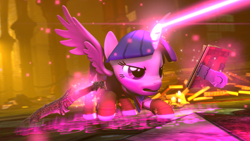 Size: 3840x2160 | Tagged: safe, artist:alicorntwilysparkle, twilight sparkle, twilight sparkle (alicorn), alicorn, pony, 3d, blast, book, dungeon, levitation, library, magic, magic beam, magic blast, source filmmaker, sword, telekinesis, weapon