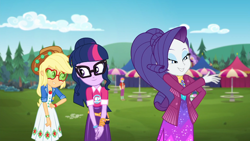 Size: 1366x768 | Tagged: safe, screencap, applejack, rarity, sci-twi, twilight sparkle, better together, choose your own ending, equestria girls, inclement leather, amused, applejack's sunglasses, background human, cute, fry lilac, geode of super strength, magical geodes, sunglasses, twiabetes