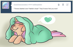 Size: 500x321 | Tagged: safe, artist:askthepalette, oc, oc only, oc:shimmer palette, pony, unicorn, blanket, eyes closed, heart, prone