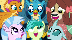 Size: 1280x720 | Tagged: safe, screencap, gallus, ocellus, sandbar, silverstream, smolder, yona, changedling, changeling, dragon, earth pony, griffon, hippogriff, pony, yak, uprooted, cute, diaocelles, diastreamies, dragoness, female, gallabetes, happy, male, sandabetes, singing, smolderbetes, student six, the place where we belong, yonadorable