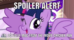 Size: 750x411 | Tagged: safe, edit, edited screencap, screencap, twilight sparkle, twilight sparkle (alicorn), alicorn, pony, three's a crowd, chicken run, hit by a truck of nostalgia, meme, one eye closed, script in the comments, solo, spoiler alert, wings, wink