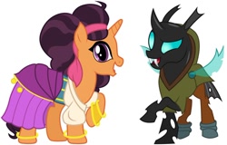 Size: 878x563 | Tagged: safe, artist:cloudyglow, editor:thomasfan45, saffron masala, thorax, changeling, pony, unicorn, bracelet, clothes, cosplay, costume, crossover, cute, disney, dress, esmeralda, hunchback, hunchback of notre dame, jewelry, quasimodo, saffronbetes, shoes, simple background, thorabetes, vector, white background, wings