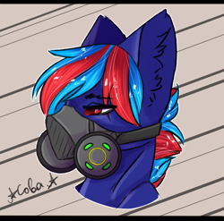 Size: 1900x1877 | Tagged: safe, artist:ilona furry, oc, oc only, oc:hellfire, pony, alternate hairstyle, blue fur, fanfic art, foal, gas mask, implied pegasus, male, mask, post-apocalyptic, raider, red eyes, solo