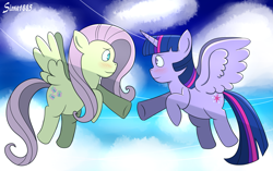 Size: 3735x2353 | Tagged: safe, artist:sivra1885, derpibooru import, fluttershy, twilight sparkle, twilight sparkle (alicorn), alicorn, pegasus, pony, blushing, female, flying, lesbian, mare, shipping, sky, twishy