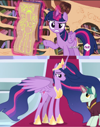 Size: 800x1014 | Tagged: safe, screencap, princess twilight 2.0, twilight sparkle, twilight sparkle (alicorn), alicorn, pony, testing testing 1-2-3, the last problem, book, crown, drawing, flowing mane, golden oaks library, i am not that tall, irony, jewelry, magic, older, older twilight, regalia, telekinesis