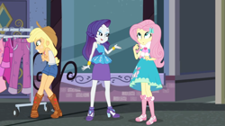 Size: 985x551 | Tagged: safe, screencap, applejack, fluttershy, rarity, better together, equestria girls, street chic, bare shoulders, clothes, cold, eyeshadow, freezing, lidded eyes, makeup, pencil skirt, photo, scarf, shivering, skirt, sleeveless, window