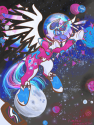 Size: 500x666 | Tagged: safe, artist:pumpkin-somethin-art, twilight sparkle, twilight sparkle (alicorn), alicorn, pony, astronaut, clothes, planet, solo, space, spacesuit, stylized space suit, stylized wings