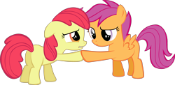 Size: 6650x3240 | Tagged: safe, artist:pangbot, edit, editor:slayerbvc, apple bloom, scootaloo, earth pony, pegasus, pony, accessory-less edit, female, filly, missing accessory, simple background, solo, transparent background, vector, vector edit