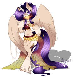 Size: 1503x1590 | Tagged: safe, artist:tawnysweet, oc, oc only, alicorn, anthro, semi-anthro, unguligrade anthro, alicorn oc, belly dancer, belly dancer outfit, signature, solo, unshorn fetlocks