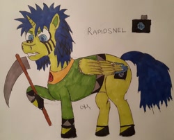 Size: 1654x1336 | Tagged: safe, artist:rapidsnap, oc, oc:rapidsnap, oc:rapidsnel, pony, cracked, facial markings, false alicorn, scythe, steven universe, traditional art