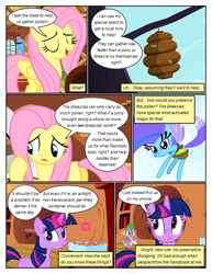 Size: 612x792 | Tagged: safe, artist:newbiespud, derpibooru import, edit, edited screencap, screencap, fluttershy, spike, twilight sparkle, unicorn twilight, alicorn, bee, breezie, dragon, pegasus, pony, unicorn, comic:friendship is dragons, beehive, comic, container, dialogue, eyes closed, female, flying, frown, glowing horn, golden oaks library, horn, magic, mare, saddle bag, screencap comic, slit eyes, smiling, speech bubble, telekinesis