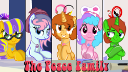 Size: 1600x900 | Tagged: safe, artist:doraeartdreams-aspy, oc, oc only, oc:angelsocks, oc:aspen, oc:bella pinksavage, oc:ryan, oc:sunrise glisten, pony, cute, family, hippie, jewelry, necklace, peace symbol, ryspen, siblings